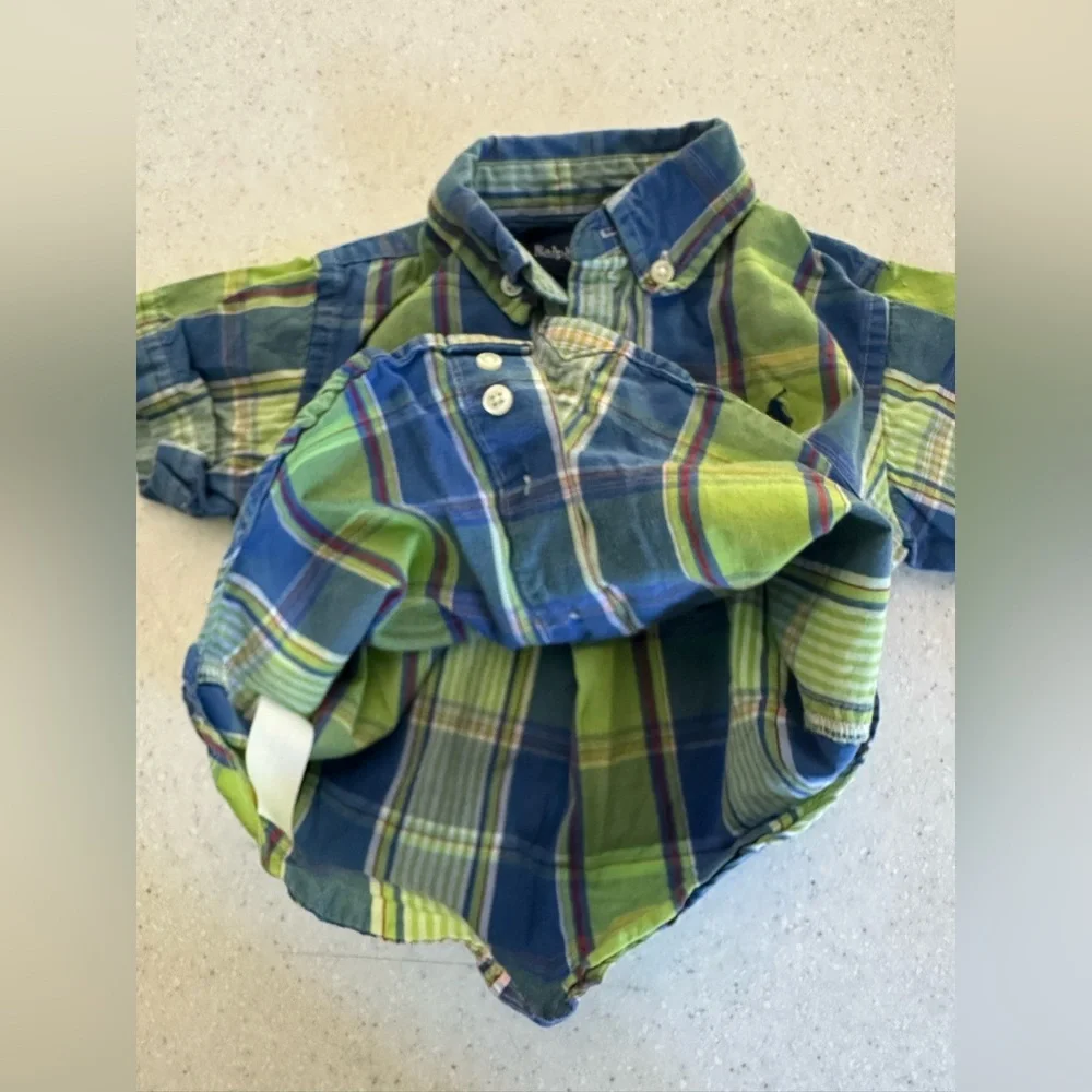 Ralph Lauren Blue & Green Plaid Button Down Shirt. Baby Boy Size 9M. Preppy Cute